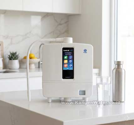 Tampilan detail mesin Kangen Water dengan desain modern dan air minum jernih